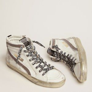 GOLDEN GOOSE | SLIDE SNEAKER WITH WHITE SUEDE STAR AND DOVE-GREY LIZARD PRINT